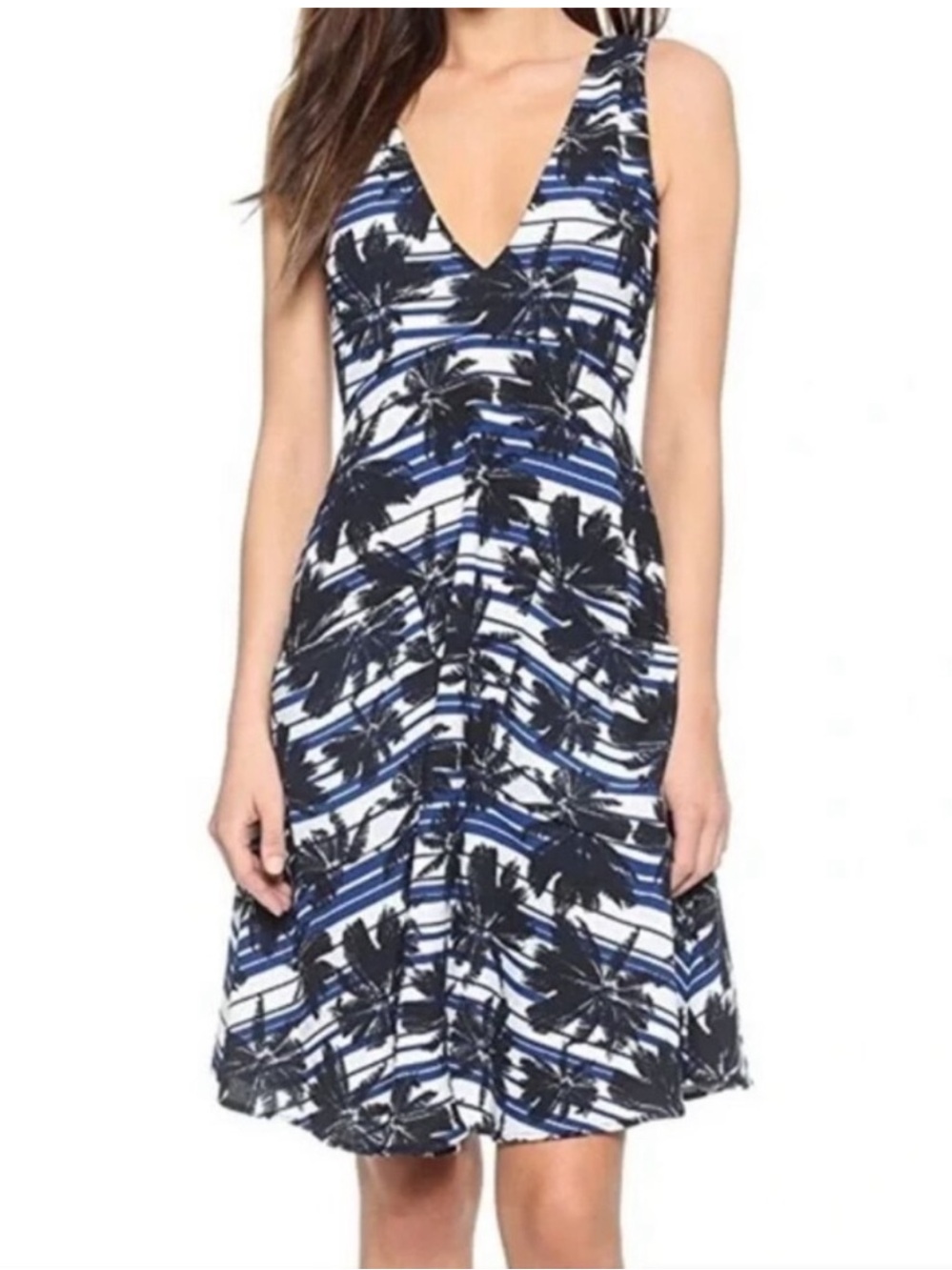 L'AGENCE Blue, White & Black Palm-Print V-Neck Midi Dress